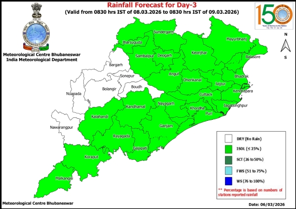 ପରବର୍ତୀ ୩ ଦିନ କେତେକ ଜିଲ୍ଲାରେ ହାଲୁକାରୁ ମଧ୍ୟମ ଧରଣର ବର୍ଷା ସମ୍ଭାବନା-୧