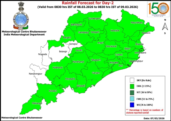 ଆଗାମୀ ୩ ଦିନ ରାଜ୍ୟର କେତେକ ଜିଲ୍ଲାରେ ହାଲୁକାରୁ ମଧ୍ୟମ ଧରଣର ବର୍ଷା ସମ୍ଭାବନା
