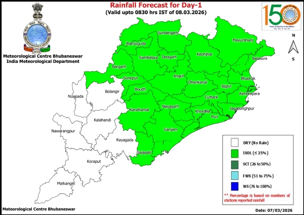ଆଗାମୀ ୩ ଦିନ ରାଜ୍ୟର କେତେକ ଜିଲ୍ଲାରେ ହାଲୁକାରୁ ମଧ୍ୟମ ଧରଣର ବର୍ଷା ସମ୍ଭାବନା
