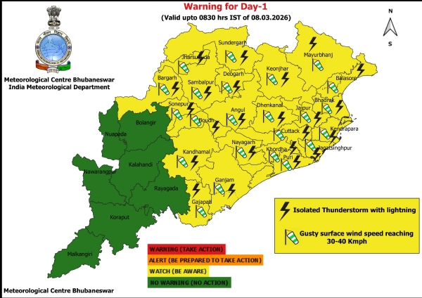 ଝଡ଼, ବଜ୍ରପାତ ଏବଂ ପବନର ସମ୍ଭାବନା ନେଇ ଆଗାମୀ ୨୪ ଘଂଟା ପାଇଁ ୨୩ ଜିଲ୍ଲାକୁ ୟେଲୋ ୱାର୍ଣ୍ଣିଂ