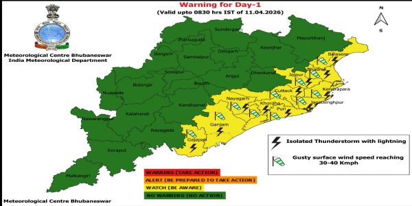 ଝଡ଼, ବଜ୍ରପାତ ଓ ପବନର ସମ୍ଭାବନା ନେଇ ଆଗାମୀ ୨୪ ଘଂଟା ପାଇଁ ୧୧ ଜିଲ୍ଲାକୁ ୟେଲୋ ୱାର୍ଣ୍ଣିଂ