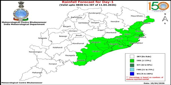 ଆଗାମୀ ୨୪ ଘଂଟା ମଧ୍ୟରେ ରାଜ୍ୟର କେତେକ ଜିଲ୍ଲାରେ ହାଲୁକାରୁ ମଧ୍ୟମ ଧରଣର ବର୍ଷା ସମ୍ଭାବନା