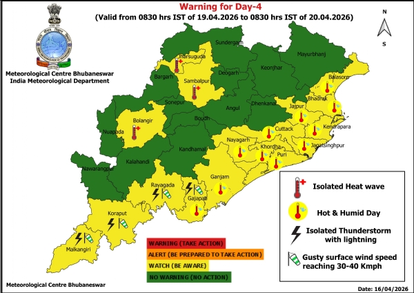 ୧୯ ତାରିଖ ସକାଳ ଠାରୁ ୨୦ ତାରିଖ ସକାଳ ସୁଦ୍ଧା ହିଟ୍ ୱେଭ୍ ନେଇ ୩ ଜିଲ୍ଲା(ଝାରସୁଗୁଡ଼ା, ସମ୍ବଲପୁର, ବଲାଙ୍ଗିର)କୁ ୟେଲୋ ୱାର୍ଣ୍ଣିଂ