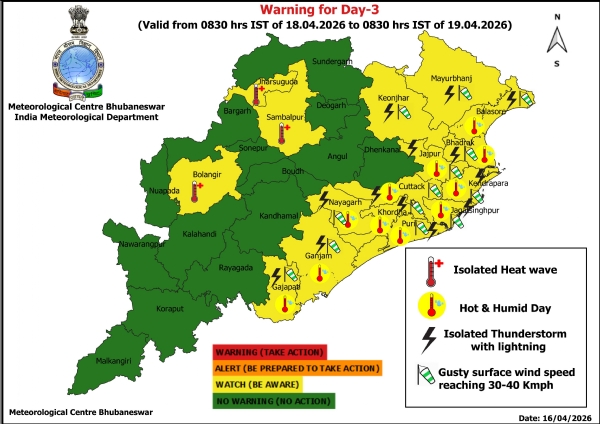 ହିଟ୍ ୱେଭ୍ ନେଇ ୧୮ ତାରିଖ ସକାଳ ଠାରୁ ୧୯ ତାରିଖ ସକାଳ ପର୍ଯ୍ୟନ୍ତ ୩ ଜିଲ୍ଲା(ଝାରସୁଗୁଡ଼ା, ସମ୍ବଲପୁର, ବଲାଙ୍ଗିର)କୁ ୟେଲୋ ୱାର୍ଣ୍ଣିଂ