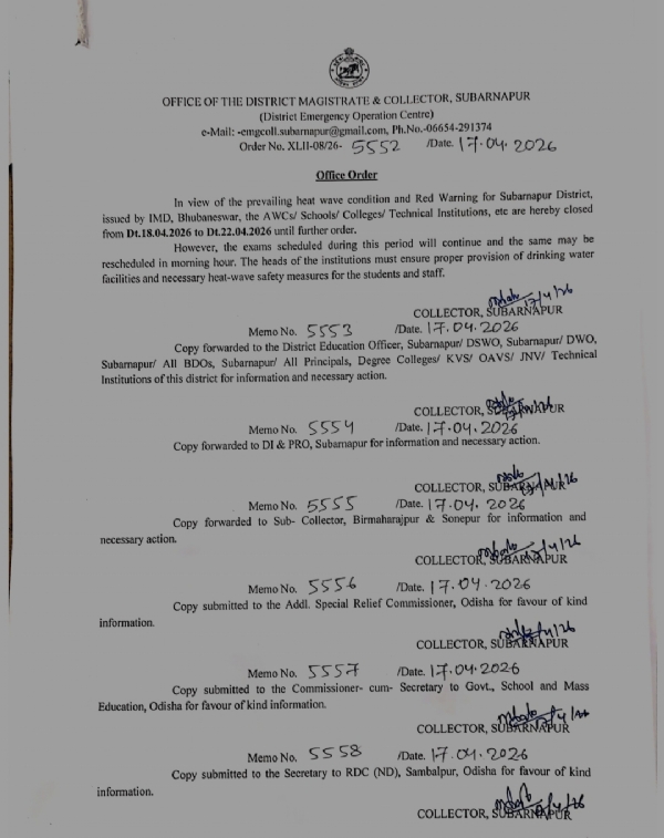 ସୁବର୍ଣ୍ଣପୁର ଜିଲ୍ଲା ରେ ଗ୍ରୀଷ୍ମ ପ୍ରବାହ ଯୋଗୁଁ ଏପ୍ରିଲ 18 ରୁ 22 ପର୍ଯ୍ୟନ୍ତ ସ୍କୁଲ କଲେଜ ବନ୍ଦ ଘୋଷଣା କଲେ ଜିଲ୍ଲାପାଳ