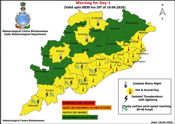 ଗରମ ରାତି ନେଇ ୧୮ ତାରିଖ ସକାଳ ଠାରୁ ୨୩ ତାରିଖ ସକାଳ ପର୍ଯ୍ୟନ୍ତ ରାଜ୍ୟର କେତେକ ଜିଲ୍ଲାକୁ ଚେତାବନୀ, ଆଗାମୀ ୨୪ ଘଂଟା ପାଇଁ ୩ ଜିଲ୍ଲାକୁ ୟେଲୋ ୱାର୍ଣ୍ଣିଂ