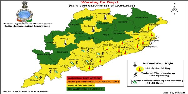 ଗରମ ରାତି ନେଇ ୧୮ ତାରିଖ ସକାଳ ଠାରୁ ୨୩ ତାରିଖ ସକାଳ ପର୍ଯ୍ୟନ୍ତ ରାଜ୍ୟର କେତେକ ଜିଲ୍ଲାକୁ ଚେତାବନୀ, ଆଗାମୀ ୨୪ ଘଂଟା ପାଇଁ ୩ ଜିଲ୍ଲାକୁ ୟେଲୋ ୱାର୍ଣ୍ଣିଂ