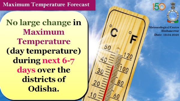 ଆଗାମୀ ୬ରୁ ୭ ଦିନ ମଧ୍ୟରେ ରାଜ୍ୟର ଜିଲ୍ଲା ଗୁଡିକରେ ସର୍ବାଧିକ ତାପମାତ୍ରା(ଦିନ ତାପମାତ୍ରା)ରେ ବିଶେଷ ପରିବର୍ତନର ସମ୍ଭାବନା ନାହିଁ