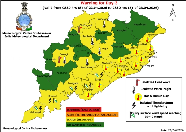 ୨୨ ତାରିଖ ସକାଳ ଠାରୁ ୨୫ ତାରିଖ ସକାଳ ପର୍ଯ୍ୟନ୍ତ ରାଜ୍ୟର ଦୁଇ ଜିଲ୍ଲାକୁ ହିଟ୍ ୱେଭ୍ ଚେତାବନୀ-୧