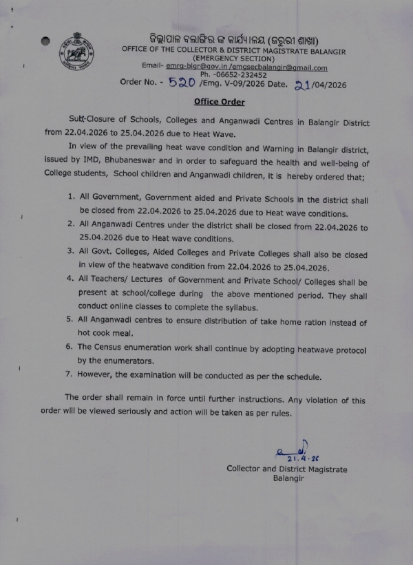 ଉଷ୍ମ ପ୍ରବାହ ପାଇଁ ବଲାଙ୍ଗିର ଜିଲ୍ଲା ପ୍ରଶାସନ ଏପ୍ରିଲ 25 ପର୍ଯ୍ୟନ୍ତ ସମସ୍ତ ଶିକ୍ଷାନୁଷ୍ଠାନ କୁ ଛୁଟି ଘୋଷଣା