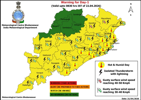 ଗରମ ଓ ଗୁଳୁଗୁଳି ନେଇ ଆଗାମୀ ୫ ଦିନ ରାଜ୍ୟର କେତେକ ଜିଲ୍ଲାକୁ ଚେତାବନୀ : ଆଗାମୀ ୨୪ ଘଂଟା ପାଇଁ ୧୧ ଜିଲ୍ଲାକୁ ୟେଲୋ ୱାର୍ଣ୍ଣିଂ