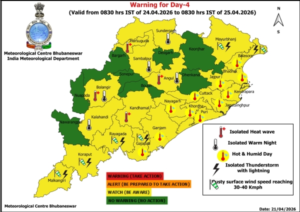 ଗରମ ରାତି ନେଇ ୨୩ ତାରିଖ ସକାଳ ଠାରୁ ୨୬ ତାରିଖ ସକାଳ ପର୍ଯ୍ୟନ୍ତ ରାଜ୍ୟର କେତେକ ଜିଲ୍ଲାକୁ ଚେତାବନୀ-୧