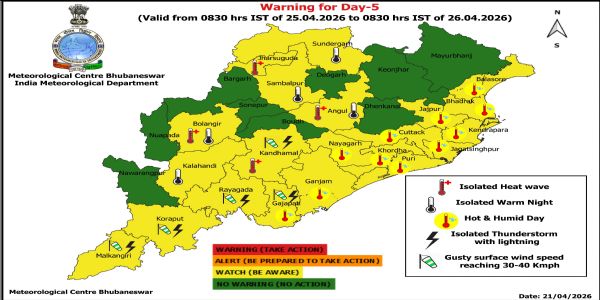 ଗରମ ରାତି ନେଇ ୨୩ ତାରିଖ ସକାଳ ଠାରୁ ୨୬ ତାରିଖ ସକାଳ ପର୍ଯ୍ୟନ୍ତ ରାଜ୍ୟର କେତେକ ଜିଲ୍ଲାକୁ ଚେତାବନୀ