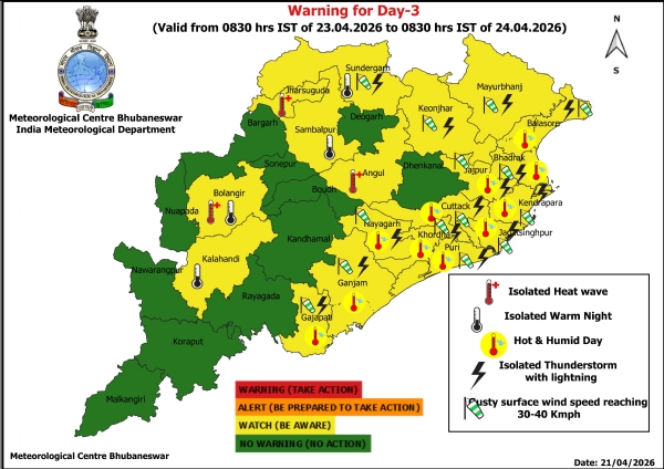 ଗରମ ରାତି ନେଇ ୨୩ ତାରିଖ ସକାଳ ଠାରୁ ୨୬ ତାରିଖ ସକାଳ ପର୍ଯ୍ୟନ୍ତ ରାଜ୍ୟର କେତେକ ଜିଲ୍ଲାକୁ ଚେତାବନୀ