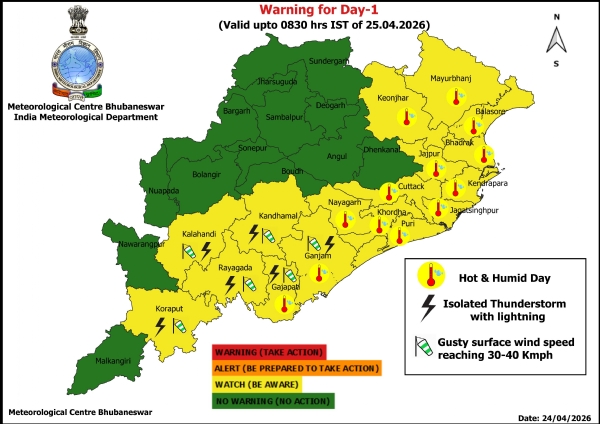 ଝଡ଼, ବଜ୍ରପାତ ଓ ପବନର ସମ୍ଭାବନା ନେଇ ଆଗାମୀ ୭ ଦିନ ରାଜ୍ୟର କେତେକ ଜିଲ୍ଲାକୁ ଚେତାବନୀ,  ଆଗାମୀ ୨୪ ଘଂଟା ପାଇଁ ୬ ଜିଲ୍ଲାକୁ ୟେଲୋ ୱାର୍ଣ୍ଣିଂ