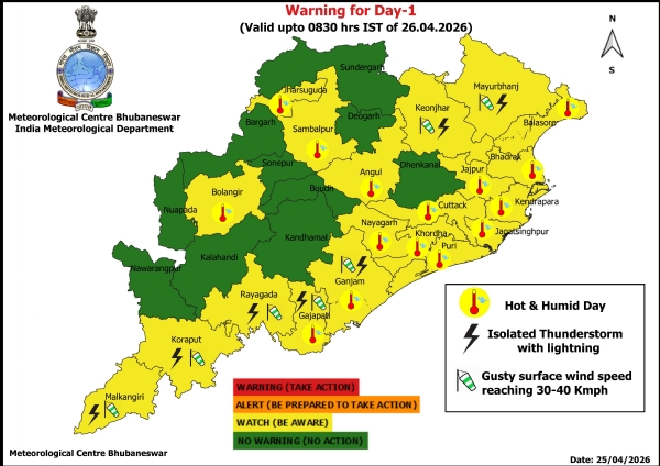 ଝଡ଼, ବଜ୍ରପାତ ଓ ପବନର ସମ୍ଭାବନା ନେଇ ଆଗାମୀ ୭ ଦିନ ରାଜ୍ୟର କେତେକ ଜିଲ୍ଲାକୁ ଚେତାବନୀ : ଆଗାମୀ ୨୪ ଘଂଟା ପାଇଁ ୭ ଜିଲ୍ଲାକୁ ୟେଲୋ ୱାର୍ଣ୍ଣିଂ