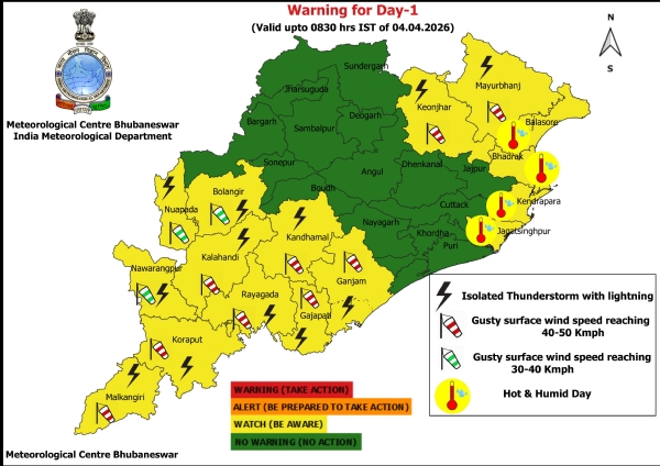 ଆଗାମୀ ୫ ଦିନ ପାଇଁ ରାଜ୍ୟର କେତେକ ଜିଲ୍ଲାକୁ କାଳବୈଶାଖୀ ଚେତାବନୀ : ଝଡ଼, ବଜ୍ରପାତ ଓ ପବନର ସମ୍ଭାବନା ନେଇ ଆଗାମୀ ୨୪ ଘଂଟା ପାଇଁ ୧୨ ଜିଲ୍ଲାକୁ ୟେଲୋ ୱାର୍ଣ୍ଣିଂ
