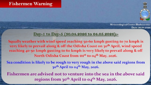 ଅପ୍ରେଲ ୩୦ରୁ ମଇ ୪ ପର୍ଯ୍ୟନ୍ତ ମତ୍ସ୍ୟଜିବୀଙ୍କୁ ସମୁଦ୍ରକୁ ଯିବାକୁ ବାରଣ