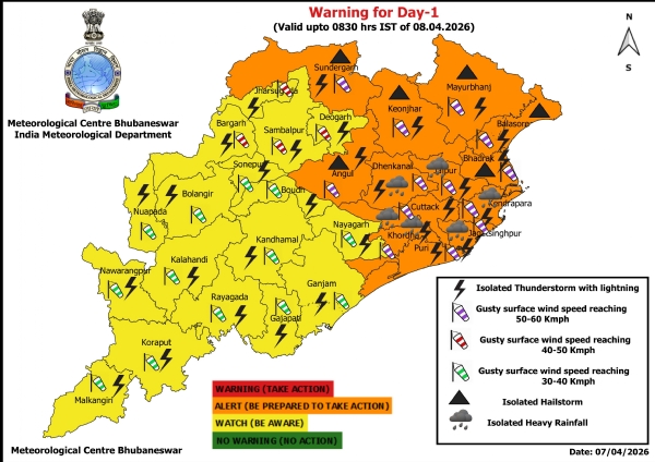କୁଆପଥରଝଡ଼, ଝଡ଼, ବଜ୍ରପାତ ଏବଂ ପବନର ସମ୍ଭାବନା ନେଇ ଆଗାମୀ ୨୪ ଘଂଟା ପାଇଁ ୬ ଜିଲ୍ଲାକୁ ଅରେଞ୍ଜ ୱାର୍ଣ୍ଣିଂ ଜାରି ହୋଇଥିବା ବେଳେ ଭୀଷଣ ବର୍ଷା, ଝଡ଼, ବଜ୍ରପାତ ଏବଂ ପବନର ସମ୍ଭାବନା ନେଇ ୭ ଜିଲ୍ଲାକୁ ଅରେଞ୍ଜ ୱାର୍ଣ୍ଣିଂ