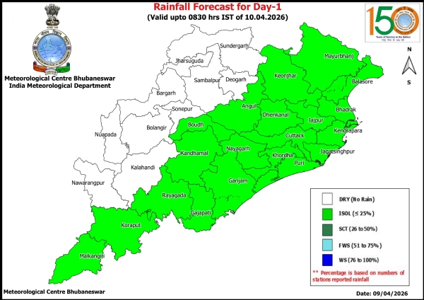 ଆଗାମୀ ୨ ଦିନ ମଧ୍ୟରେ ରାଜ୍ୟର କେତେକ ଜିଲ୍ଲାରେ ହାଲୁକାରୁ ମଧ୍ୟମ ଧରଣର ବର୍ଷା ସମ୍ଭାବନା