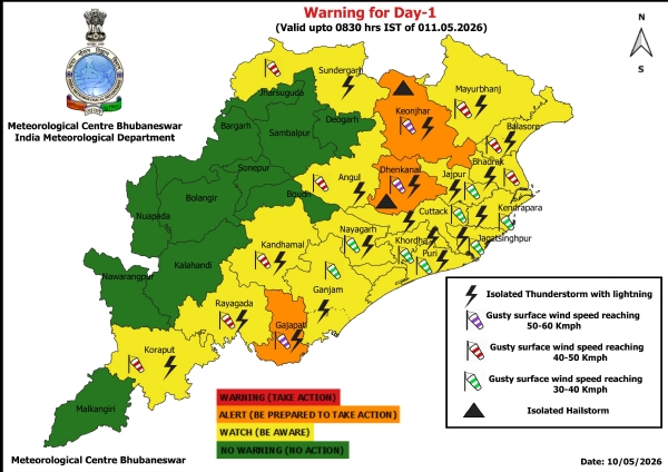 କାଳବୈଶାଖୀ ସମ୍ଭାବନା ନେଇ ଆଗାମୀ ୫ ଦିନ ରାଜ୍ୟର କେତେକ ଜିଲ୍ଲାକୁ ଚେତାବନୀ : ଆଗାମୀ ୨୪ ଘଂଟା ପାଇଁ ୩ ଜିଲ୍ଲାକୁ ଅରେଞ୍ଜ ୱାର୍ଣ୍ଣିଂ, ୧୬ ଜିଲ୍ଲାକୁ ୟେଲୋ ୱାର୍ଣ୍ଣିଂ