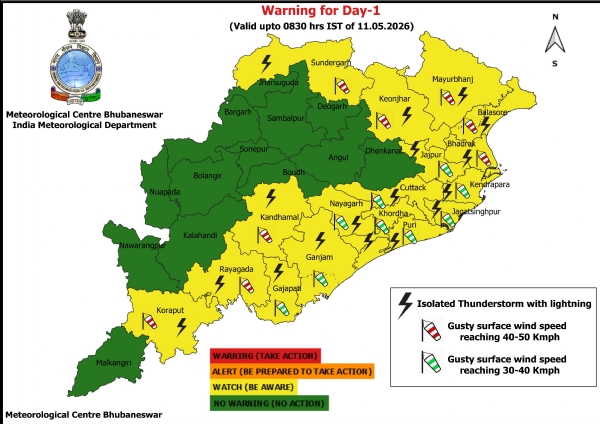 ଝଡ଼, ବଜ୍ରପାତ ଓ ପବନର ସମ୍ଭାବନା ନେଇ ଆଗାମୀ ୫ ଦିନ ରାଜ୍ୟର କେତେକ ଜିଲ୍ଲାକୁ ଚେତାବନୀ, ଆଗାମୀ ୨୪ ଘଂଟା ପାଇଁ ୧୭ ଜିଲ୍ଲାକୁ ୟେଲୋ ୱାର୍ଣ୍ଣିଂ