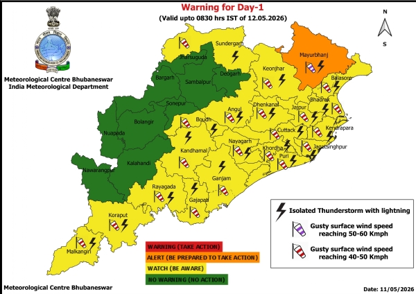 କାଳବୈଶାଖୀ ସମ୍ଭାବନା ନେଇ ଆଗାମୀ ୫ ଦିନ ରାଜ୍ୟର କେତେକ ଜିଲ୍ଲାକୁ ଚେତାବନୀ : ଆଗାମୀ ୨୪ ଘଂଟା ପାଇଁ ମୟୂରଭଞ୍ଜ ଜିଲ୍ଲାକୁ ଅରେଞ୍ଜ ୱାର୍ଣ୍ଣିଂ, ୨୦ ଜିଲ୍ଲାକୁ ୟେଲୋ ୱାର୍ଣ୍ଣିଂ