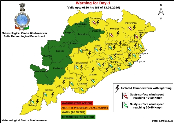 କାଳବୈଶାଖୀ ସମ୍ଭାବନା ନେଇ ଆଗାମୀ ୫ ଦିନ ରାଜ୍ୟର କେତେକ ଜିଲ୍ଲାକୁ ଚେତାବନୀ, ଆଗାମୀ ୨୪ ଘଂଟା ପାଇଁ ୨୧ ଜିଲ୍ଲାକୁ ୟେଲୋ ୱାର୍ଣ୍ଣିଂ