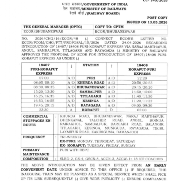 ନୂତନ ଏକ୍ସପ୍ରେସ ଟ୍ରେନ କୋରାପୁଟରୁ ପୁରୀ ଭାୟା କେସିଙ୍ଗା, ବଲାଙ୍ଗିର ନୂତନ ଏକ୍ସପ୍ରେସ ଟ୍ରେନ କୋରାପୁଟରୁ ପୁରୀ ଭାୟା କେସିଙ୍ଗା, ବଲାଙ୍ଗିର