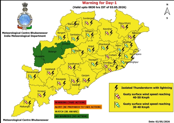 ଝଡ଼, ବଜ୍ରପାତ ଓ ପବନର ସମ୍ଭାବନା ନେଇ ଆଗାମୀ ୭ ଦିନ ରାଜ୍ୟର କେତେକ ଜିଲ୍ଲାକୁ ଚେତାବନୀ, ଆଗାମୀ ୨୪ ଘଂଟା ୨୭ ଜିଲ୍ଲାକୁ ୟେଲୋ ୱାର୍ଣ୍ଣିଂ