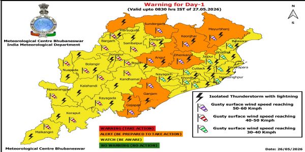 କାଳବୈଶାଖୀ ସମ୍ଭାବନା ନେଇ ଆଗାମୀ ୭ ଦିନ ରାଜ୍ୟର କେତେକ ଜିଲ୍ଲାକୁ ଚେତାବନୀ : ଝଡ଼, ବଜ୍ରପାତ ଓ ପବନର ସମ୍ଭାବନା ନେଇ ଆଗାମୀ ୨୪ ଘଂଟା ପାଇଁ ୭ ଜିଲ୍ଲାକୁ ଅରେଞ୍ଜ ୱାର୍ଣ୍ଣିଂ, ୨୩ ଜିଲ୍ଲାକୁ ୟେଲୋ ୱାର୍ଣ୍ଣିଂ