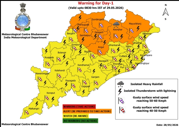 କାଳବୈଶାଖୀ ସମ୍ଭାବନା ନେଇ ଆଗାମୀ ୭ ଦିନ ରାଜ୍ୟର କେତେକ ଜିଲ୍ଲାକୁ ଚେତାବନୀ : ଝଡ଼, ବଜ୍ରପାତ ଓ ପବନର ସମ୍ଭାବନା ନେଇ ଆଗାମୀ ୨୪ ଘଂଟା ପାଇଁ ୭ ଜିଲ୍ଲାକୁ ଅରେଞ୍ଜ ୱାର୍ଣ୍ଣିଂ, ୨୩ ଜିଲ୍ଲାକୁ ୟେଲୋ ୱାର୍ଣ୍ଣିଂ