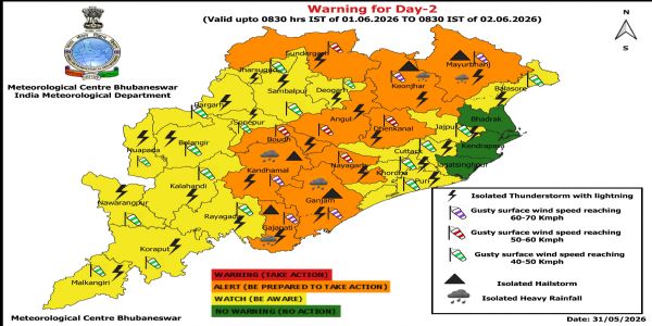 ଭୀଷଣ ବର୍ଷା ନେଇ ଆଗାମୀ ୨ ଦିନ ରାଜ୍ୟର କେତେକ ଜିଲ୍ଲାକୁ ଚେତାବନୀ : ଆଗାମୀ ୨୪ ଘଂଟା ପାଇଁ ୨ ଜିଲ୍ଲାକୁ ରେଡ୍ ୱାର୍ଣ୍ଣିଂ, ୩ ଜିଲ୍ଲାକୁ ଅରେଞ୍ଜ ୱାର୍ଣ୍ଣିଂ