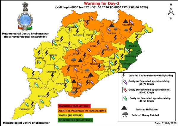 ୧ ତାରିଖ ସକାଳ ଠାରୁ ୨ ତାରିଖ ସକାଳ ସୁଦ୍ଧା ୧୦ ଜିଲ୍ଲାକୁ ଅରେଞ୍ଜ ୱାର୍ଣ୍ଣିଂ ଜାରି ହୋଇଥିବା ବେଳେ ୧୭ ଜିଲ୍ଲାକୁ ୟେଲୋ ୱାର୍ଣ୍ଣିଂ ୧ ତାରିଖ ସକାଳ ଠାରୁ ୨ ତାରିଖ ସକାଳ ସୁଦ୍ଧା ୧୦ ଜିଲ୍ଲାକୁ ଅରେଞ୍ଜ ୱାର୍ଣ୍ଣିଂ ଜାରି ହୋଇଥିବା ବେଳେ ୧୭ ଜିଲ୍ଲାକୁ ୟେଲୋ ୱାର୍ଣ୍ଣିଂ