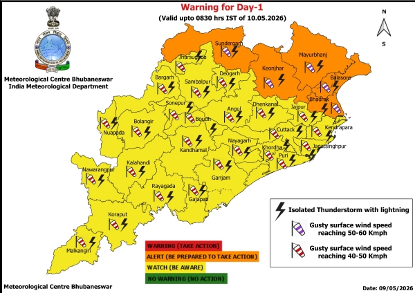 ଝଡ଼, ବଜ୍ରପାତ ଓ ପବନର ସମ୍ଭାବନା ନେଇ ଆଗାମୀ ୫ ଦିନ ରାଜ୍ୟର କେତେକ ଜିଲ୍ଲାକୁ ଚେତାବନୀ : ଆଗାମୀ ୨୪ ଘଂଟା ପାଇଁ ୫ ଜିଲ୍ଲାକୁ ଅରେଞ୍ଜ ୱାର୍ଣ୍ଣିଂ, ୨୫ ଜିଲ୍ଲାକୁ ୟେଲୋ ୱାର୍ଣ୍ଣିଂ