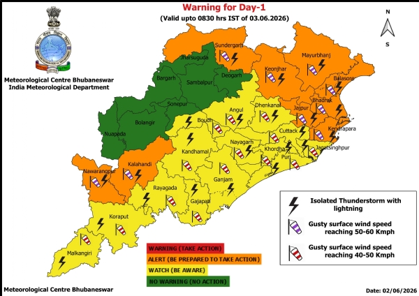 କାଳବୈଶାଖୀ ସମ୍ଭାବନା ନେଇ ଆଗାମୀ ୫ ଦିନ ରାଜ୍ୟର କେତେକ ଜିଲ୍ଲାକୁ ଚେତାବନୀ : ଝଡ଼, ବଜ୍ରପାତ ଓ ପବନର ସମ୍ଭାବନା ନେଇ ଆଗାମୀ ୨୪ ଘଂଟା ପାଇଁ ୯ ଜିଲ୍ଲାକୁ ଅରେଞ୍ଜ ୱାର୍ଣ୍ଣିଂ, ୧୪ ଜିଲ୍ଲାକୁ ୟେଲୋ ୱାର୍ଣ୍ଣିଂ