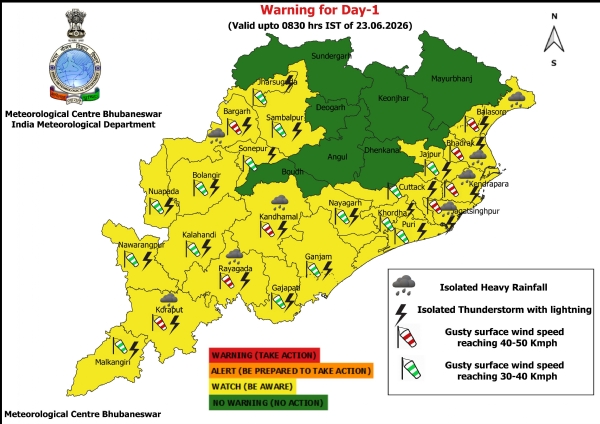 ଭୀଷଣ ବର୍ଷା, ଝଡ଼, ବଜ୍ରପାତ ଓ ପବନର ସମ୍ଭାବନା ନେଇ ରାଜ୍ୟର କେତେକ ଜିଲ୍ଲାକୁ ଚେତାବନୀ; ଆଗାମୀ ୨୪ ଘଂଟା ପାଇଁ ୮ ଜିଲ୍ଲାକୁ ୟେଲୋ ୱାର୍ଣ୍ଣିଂ ଭୀଷଣ ବର୍ଷା, ଝଡ଼, ବଜ୍ରପାତ ଓ ପବନର ସମ୍ଭାବନା ନେଇ ରାଜ୍ୟର କେତେକ ଜିଲ୍ଲାକୁ ଚେତାବନୀ; ଆଗାମୀ ୨୪ ଘଂଟା ପାଇଁ ୮ ଜିଲ୍ଲାକୁ ୟେଲୋ ୱାର୍ଣ୍ଣିଂ