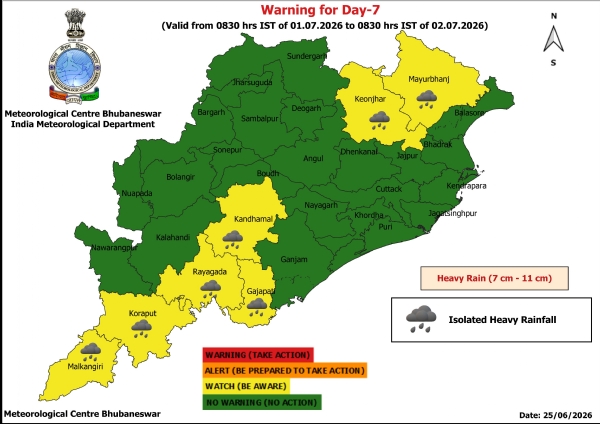 ଜୁଲାଇ ୧ ତାରିଖ ସକାଳ ଠାରୁ ୨ ତାରିଖ ସକାଳ ସୁଦ୍ଧା ୭ ଜିଲ୍ଲା(ମୟୂରଭଞ୍ଜ, କେନ୍ଦୁଝର, କନ୍ଧମାଳ, ରାୟଗଡ଼ା, ଗଜପତି, କୋରାପୁଟ, ମାଲକାନଗିରି )କୁ ୟେଲୋ ୱାର୍ଣ୍ଣିଂ