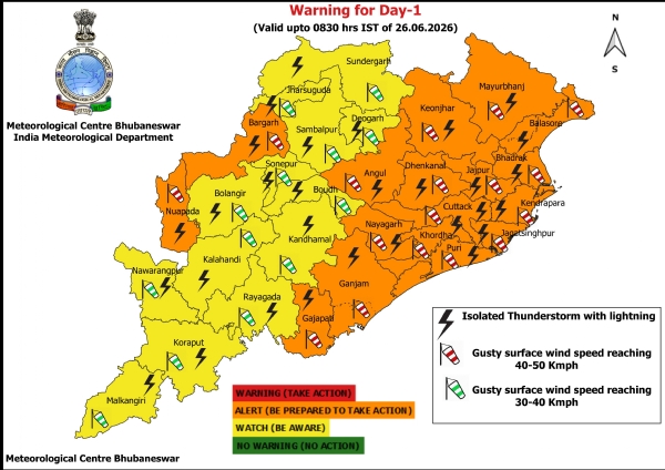 ଝଡ଼, ବଜ୍ରପାତ ଓ ପବନର ସମ୍ଭାବନା ନେଇ ଆଗାମୀ ୩ ଦିନ ରାଜ୍ୟର କେତେକ ଜିଲ୍ଲାକୁ ଚେତାବନୀ : ଆଗାମୀ ୨୪ ଘଂଟା ପାଇଁ ୧୭ ଜିଲ୍ଲାକୁ ଅରେଞ୍ଜ ୱାର୍ଣ୍ଣିଂ, ୧୩ ଜିଲ୍ଲାକୁ ୟେଲୋ ୱାର୍ଣ୍ଣିଂ