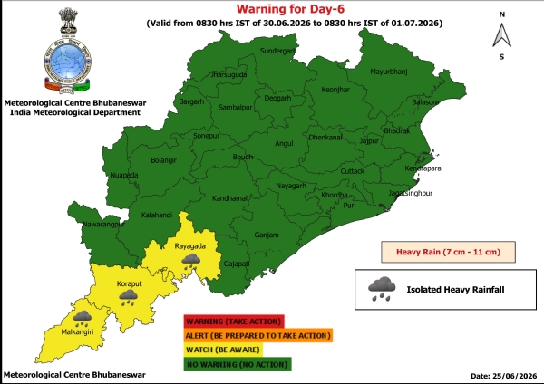 ଭୀଷଣ ବର୍ଷା ନେଇ ଆସନ୍ତା ୩୦ ତାରିଖ ସକାଳ ଠାରୁ ଜୁଲାଇ ୧ ତାରିଖ ସକାଳ ସୁଦ୍ଧା ୩ ଜିଲ୍ଲା(ରାୟଗଡ଼ା, କୋରାପୁଟ, ମାଲକାନଗିରି)କୁ ୟେଲୋ ୱାର୍ଣ୍ଣିଂ