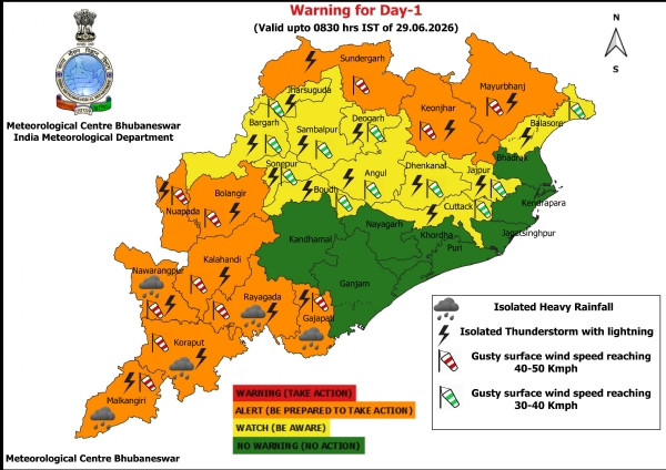 ଆଗାମୀ ୨୪ ଘଂଟା ପାଇଁ ୧୧ ଜିଲ୍ଲାକୁ ଅରେଞ୍ଜ ୱାର୍ଣ୍ଣିଂ, ୧୧ ଜିଲ୍ଲାକୁ ୟେଲୋ ୱାର୍ଣ୍ଣିଂ