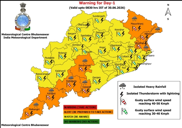 ଆଗାମୀ ୨୪ ଘଂଟା ପାଇଁ ୮ ଜିଲ୍ଲାକୁ ଅରେଞ୍ଜ ୱାର୍ଣ୍ଣିଂ, ୨୨ ଜିଲ୍ଲାକୁ ୟେଲୋ ୱାର୍ଣ୍ଣିଂ