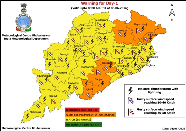କାଳବୈଶାଖୀ ସମ୍ଭାବନା ନେଇ ଆଗାମୀ ୫ ଦିନ ରାଜ୍ୟର କେତେକ ଜିଲ୍ଲାକୁ ଚେତାବନୀ : ଝଡ଼, ବଜ୍ରପାତ ଓ ପବନର ସମ୍ଭାବନା ନେଇ ଆଗାମୀ ୨୪ ଘଂଟା ପାଇଁ ୬ ଜିଲ୍ଲାକୁ ଅରେଞ୍ଜ ୱାର୍ଣ୍ଣିଂ, ୨୪ ଜିଲ୍ଲାକୁ ୟେଲୋ ୱାର୍ଣ୍ଣିଂ