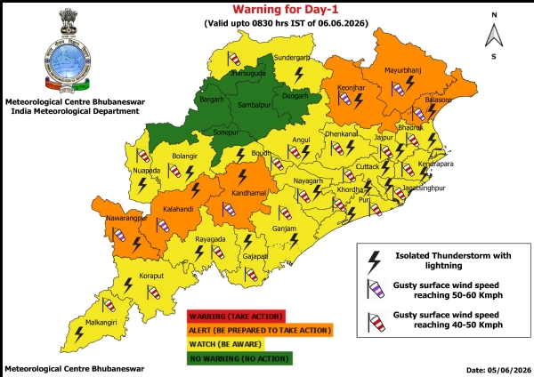 କାଳବୈଶାଖୀ ସମ୍ଭାବନା ନେଇ ଆଗାମୀ ୫ ଦିନ ରାଜ୍ୟର କେତେକ ଜିଲ୍ଲାକୁ ଚେତାବନୀ : ଝଡ଼, ବଜ୍ରପାତ ଓ ପବନର ସମ୍ଭାବନା ନେଇ ଆଗାମୀ ୨୪ ଘଂଟା ପାଇଁ ୬ ଜିଲ୍ଲାକୁ ଅରେଞ୍ଜ ୱାର୍ଣ୍ଣିଂ, ୧୯ ଜିଲ୍ଲାକୁ ୟେଲୋ ୱାର୍ଣ୍ଣିଂ