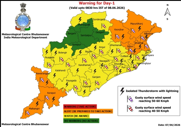 ଝଡ଼, ବଜ୍ରପାତ ଓ ପବନର ସମ୍ଭାବନା ନେଇ ଆଗାମୀ ୨୪ ଘଂଟା ପାଇଁ ୮ ଜିଲ୍ଲାକୁ ଅରେଞ୍ଜ ୱାର୍ଣ୍ଣିଂ, ୧୭ ଜିଲ୍ଲାକୁ ୟେଲୋ ୱାର୍ଣ୍ଣିଂ