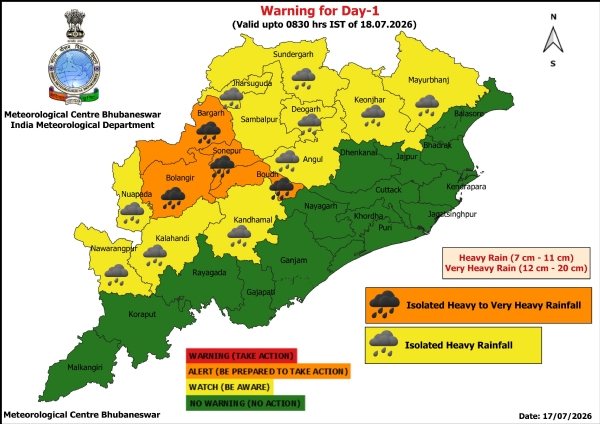 ଆଗାମୀ ୨୪ ଘଂଟା ପାଇଁ ୪ ଜିଲ୍ଲାକୁ ଅରେଞ୍ଜ ୱାର୍ଣ୍ଣିଂ, ୧୧ ଜିଲ୍ଲାକୁ ୟେଲୋ ୱାର୍ଣ୍ଣିଂ ଆଗାମୀ ୨୪ ଘଂଟା ପାଇଁ ୪ ଜିଲ୍ଲାକୁ ଅରେଞ୍ଜ ୱାର୍ଣ୍ଣିଂ, ୧୧ ଜିଲ୍ଲାକୁ ୟେଲୋ ୱାର୍ଣ୍ଣିଂ