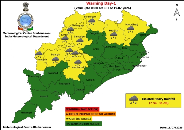 ଆଗାମୀ ୨୪ ଘଂଟା ପାଇଁ ୧୧ ଜିଲ୍ଲାକୁ ୟେଲୋ ୱାର୍ଣ୍ଣିଂ ଆଗାମୀ ୨୪ ଘଂଟା ପାଇଁ ୧୧ ଜିଲ୍ଲାକୁ ୟେଲୋ ୱାର୍ଣ୍ଣିଂ