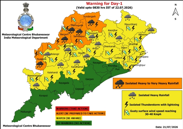 ଭୀଷଣରୁ ଅତି ଭୀଷଣ ବର୍ଷାର ସମ୍ଭାବନା ନେଇ ଆଗାମୀ ୨୪ ଘଂଟା ପାଇଁ ୫ ଜିଲ୍ଲାକୁ ଅରେଞ୍ଜ ୱାର୍ଣ୍ଣିଂ ଜାରି ହୋଇଥିବା ବେଳେ ୧୧ ଜିଲ୍ଲାକୁ ୟେଲୋ ୱାର୍ଣ୍ଣିଂ ଭୀଷଣରୁ ଅତି ଭୀଷଣ ବର୍ଷାର ସମ୍ଭାବନା ନେଇ ଆଗାମୀ ୨୪ ଘଂଟା ପାଇଁ ୫ ଜିଲ୍ଲାକୁ ଅରେଞ୍ଜ ୱାର୍ଣ୍ଣିଂ ଜାରି ହୋଇଥିବା ବେଳେ ୧୧ ଜିଲ୍ଲାକୁ ୟେଲୋ ୱାର୍ଣ୍ଣିଂ