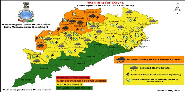 ଝଡ଼, ବଜ୍ରପାତ ଓ ପବନର ସମ୍ଭାବନା ନେଇ ଆଗାମୀ ୫ ଦିନ ରାଜ୍ୟର କେତେକ ଜିଲ୍ଲାକୁ ଚେତାବନୀ : ଆଗାମୀ ୨୪ ଘଂଟା ପାଇଁ ୫ ଜିଲ୍ଲାକୁ ଅରେଞ୍ଜ ୱାର୍ଣ୍ଣିଂ, ୧୭ ଜିଲ୍ଲାକୁ ୟେଲୋ ୱାର୍ଣ୍ଣିଂ