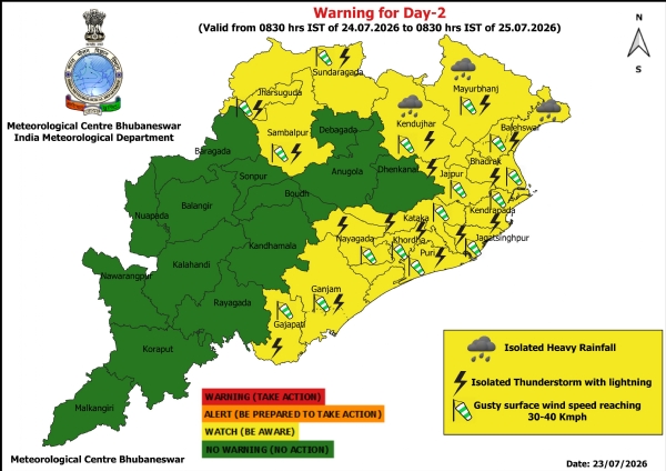 ଭୀଷଣ ବର୍ଷାର ସମ୍ଭାବନା ନେଇ ଆସନ୍ତା ୨୪ ତାରିଖ ସକାଳ ଠାରୁ ୨୫ ତାରିଖ ସକାଳ ପର୍ଯ୍ୟନ୍ତ ୩ ଜିଲ୍ଲା(କେନ୍ଦୁଝର, ମୟୂରଭଞ୍ଜ, ବାଲେଶ୍ୱର)କୁ ୟେଲୋ ୱାର୍ଣ୍ଣିଂ